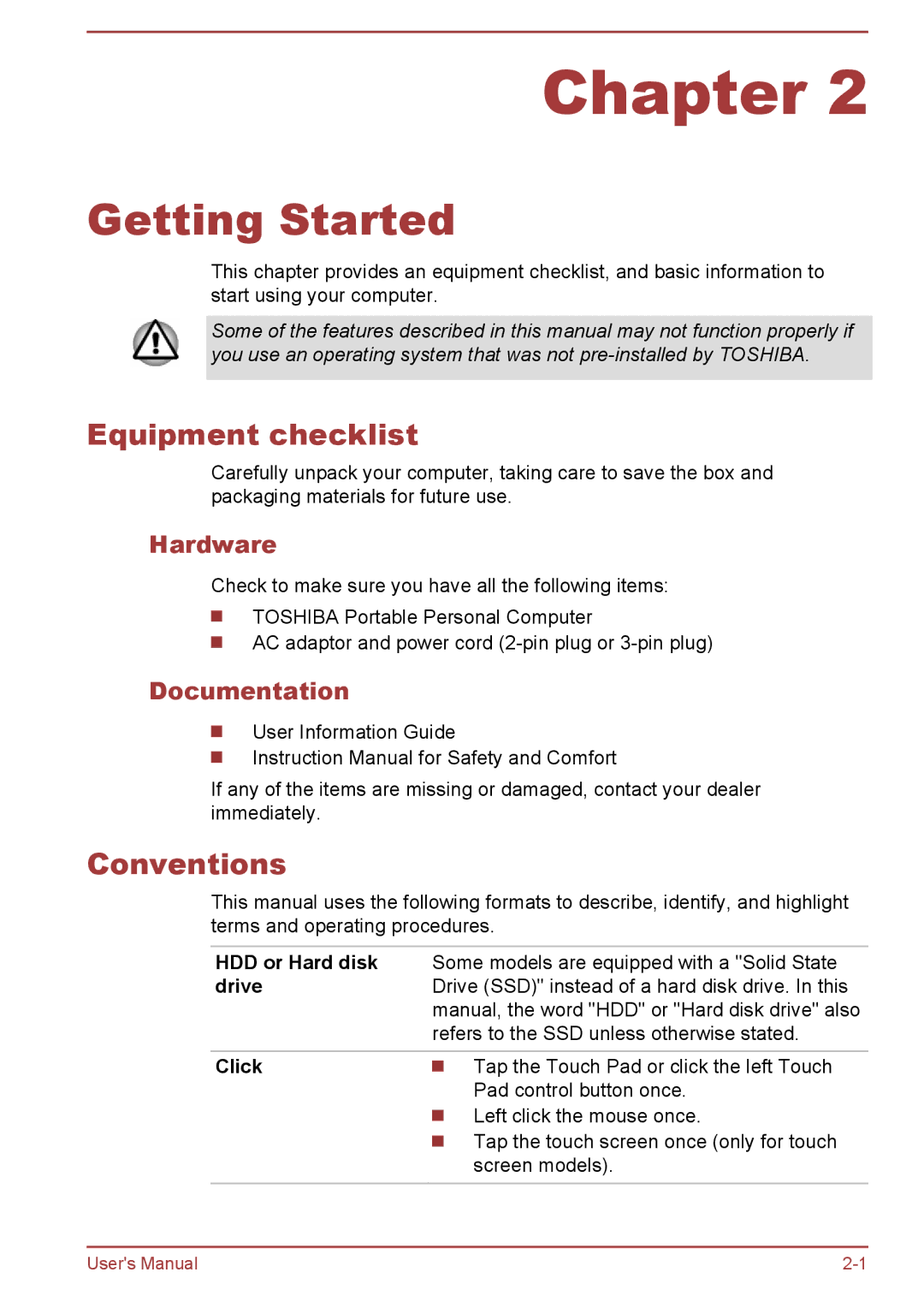 Toshiba C50t-B, C5D-B, C50-B, C50Dt-B user manual Equipment checklist, Conventions, Hardware, Documentation 