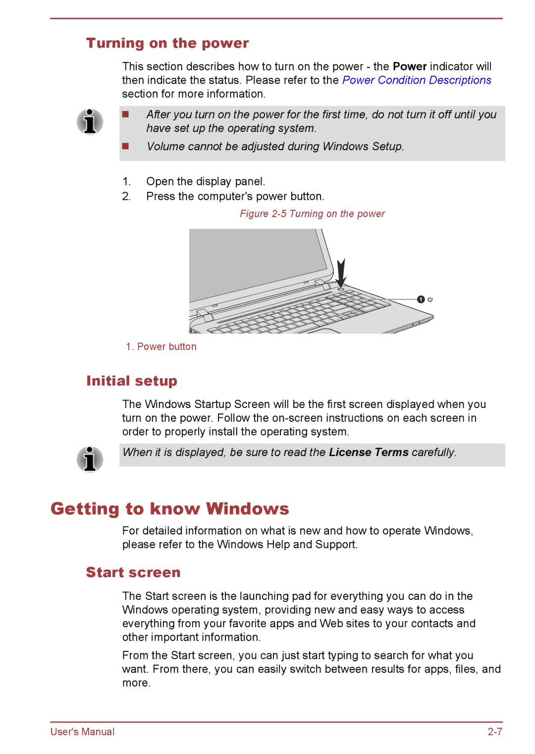 Toshiba C50-B, C5D-B, C50Dt-B, C50t-B user manual Getting to know Windows, Turning on the power, Initial setup, Start screen 