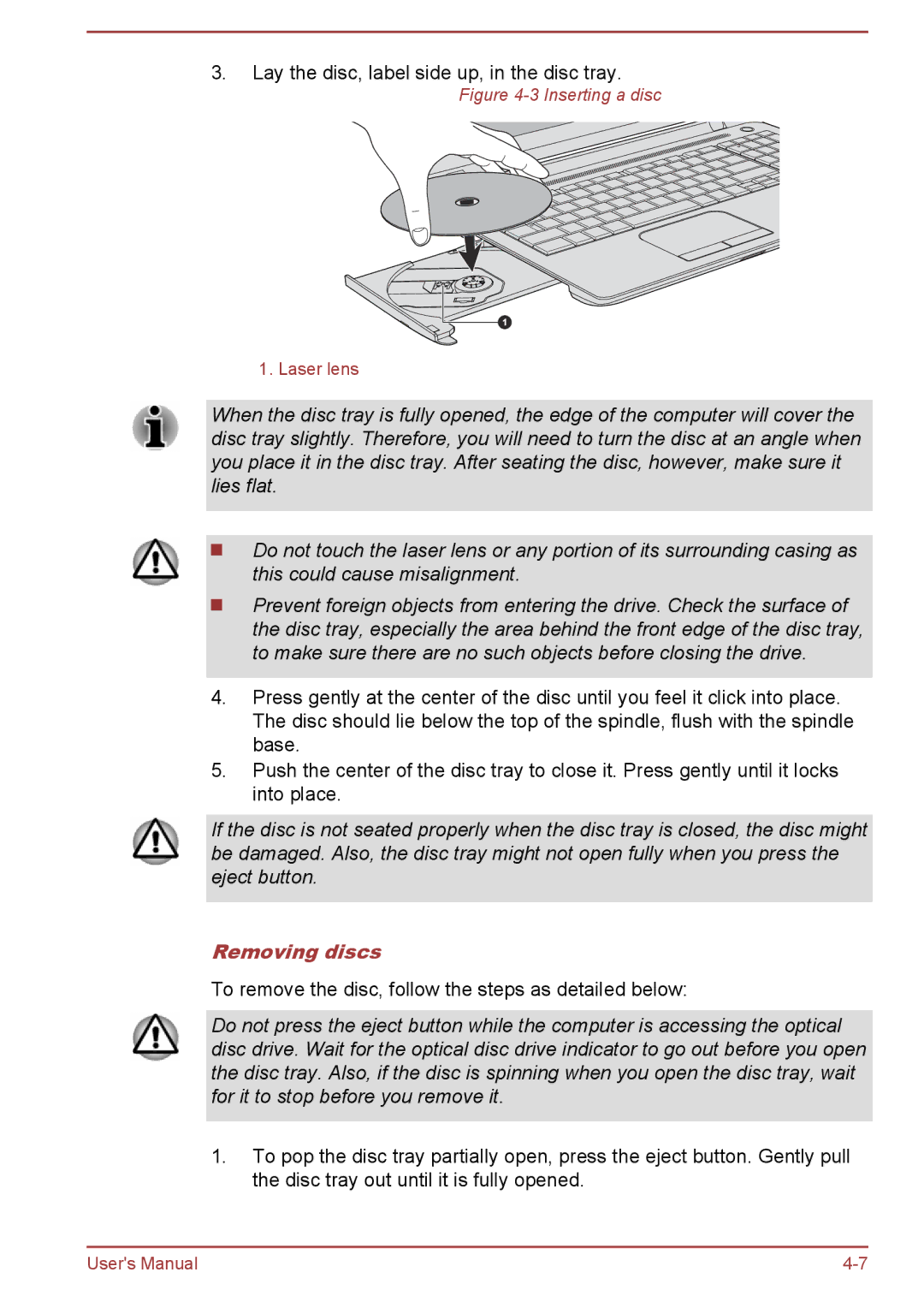 Toshiba C50t-B, C5D-B, C50-B, C50Dt-B user manual Removing discs, Inserting a disc 