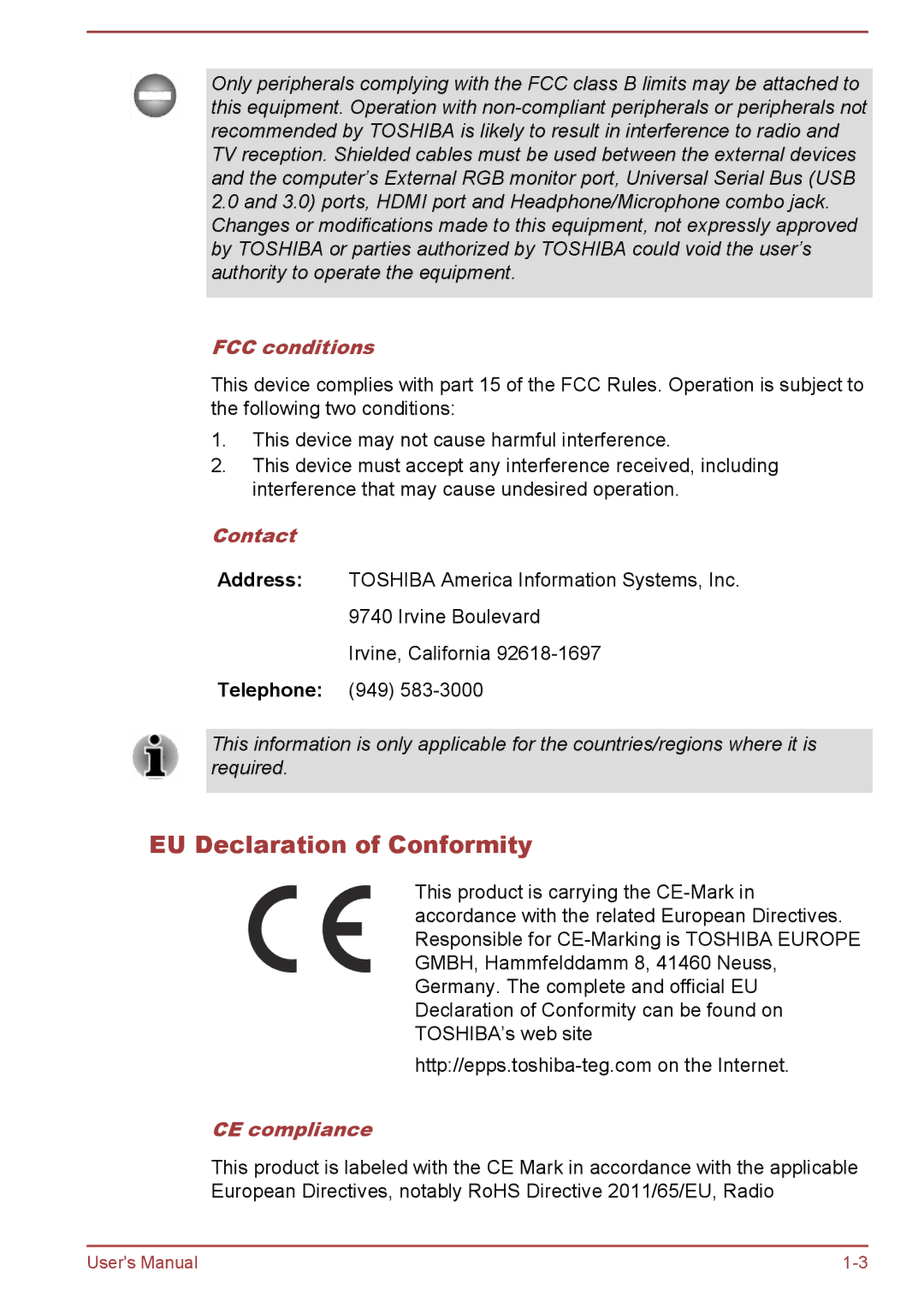 Toshiba C50t-B, C5D-B, C50-B, C50Dt-B user manual EU Declaration of Conformity, FCC conditions, Contact, CE compliance 