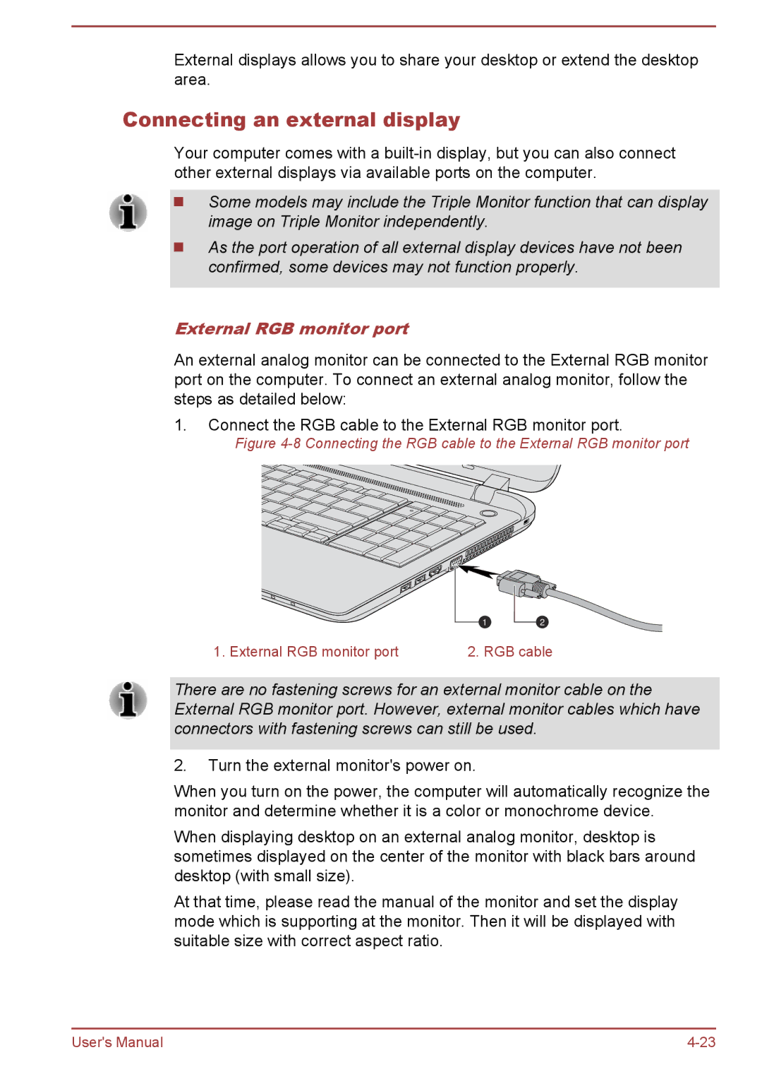 Toshiba C50t-B, C5D-B, C50-B, C50Dt-B user manual Connecting an external display, External RGB monitor port 