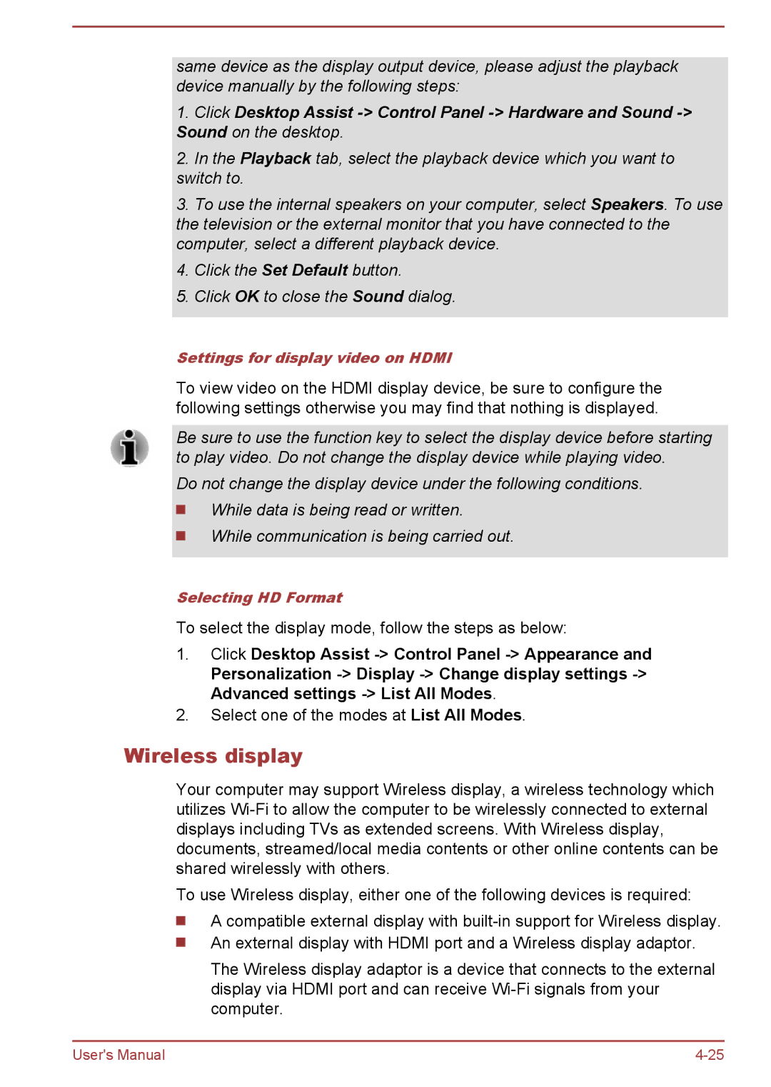 Toshiba C50-B, C5D-B, C50Dt-B, C50t-B user manual Wireless display, Settings for display video on Hdmi 