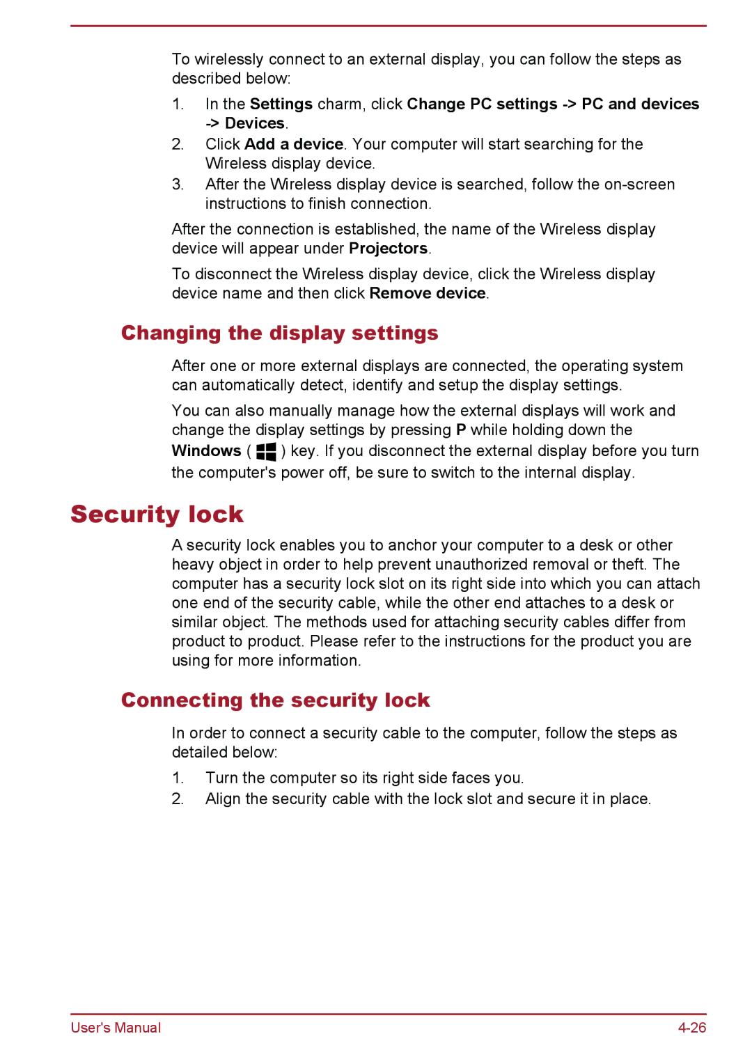 Toshiba C50Dt-B, C5D-B, C50-B, C50t-B user manual Security lock, Changing the display settings, Connecting the security lock 