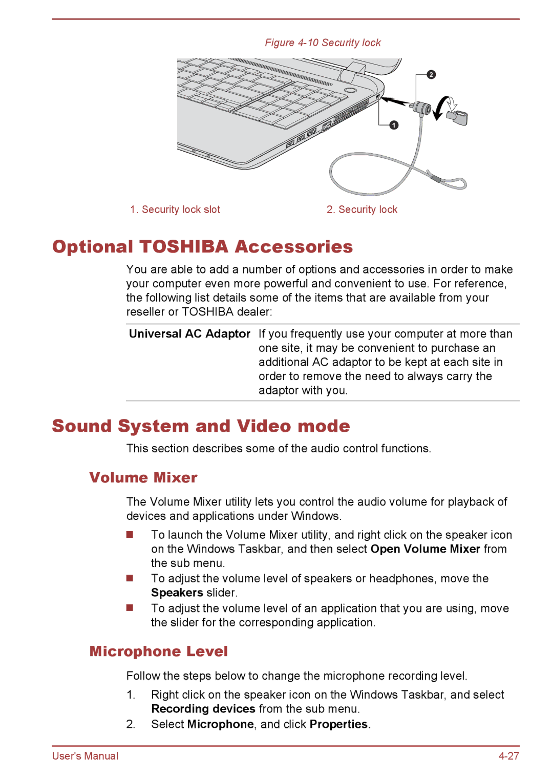 Toshiba C50t-B, C5D-B, C50-B Optional Toshiba Accessories, Sound System and Video mode, Volume Mixer, Microphone Level 