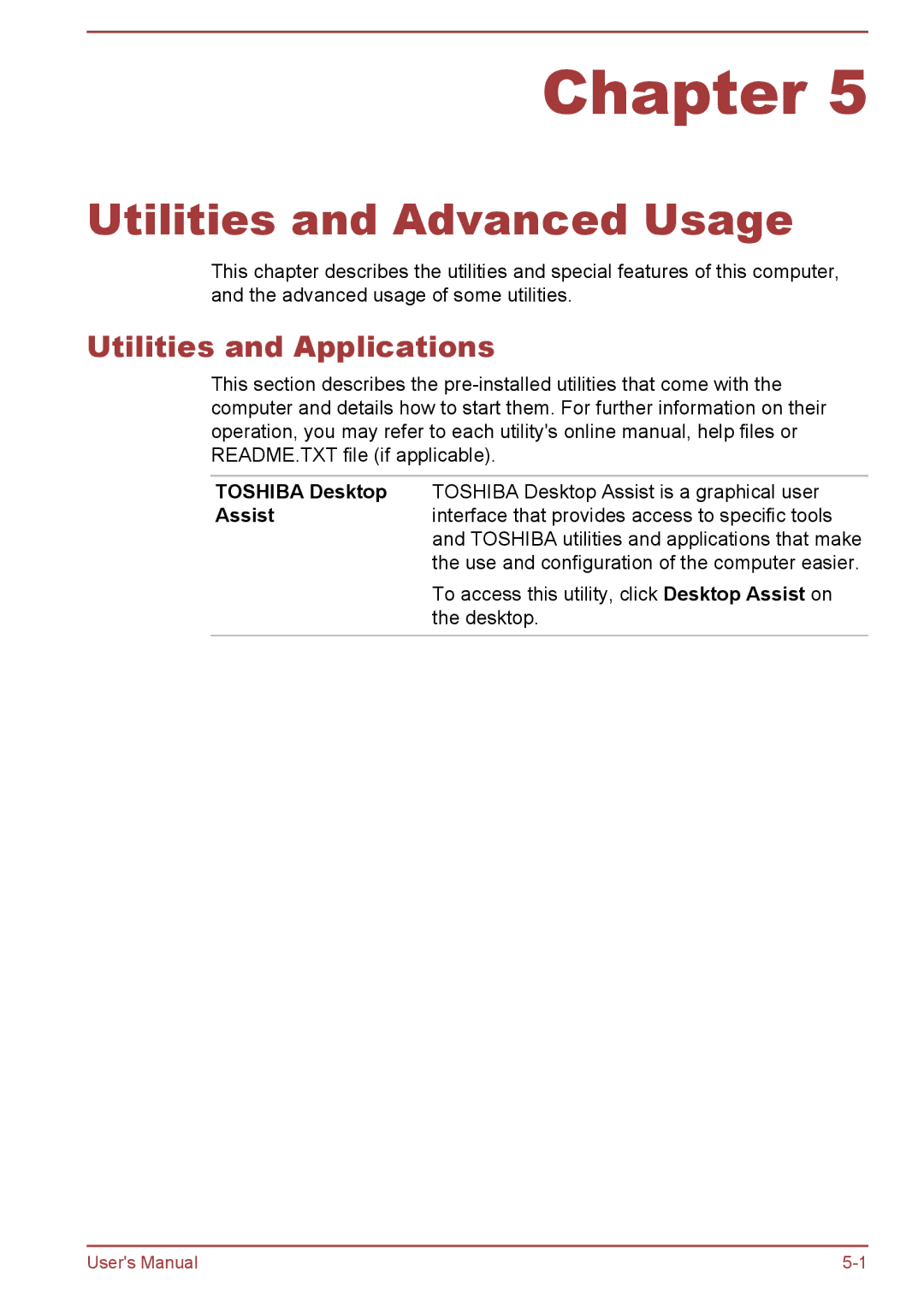 Toshiba C50Dt-B, C5D-B, C50-B, C50t-B user manual Utilities and Advanced Usage, Utilities and Applications 