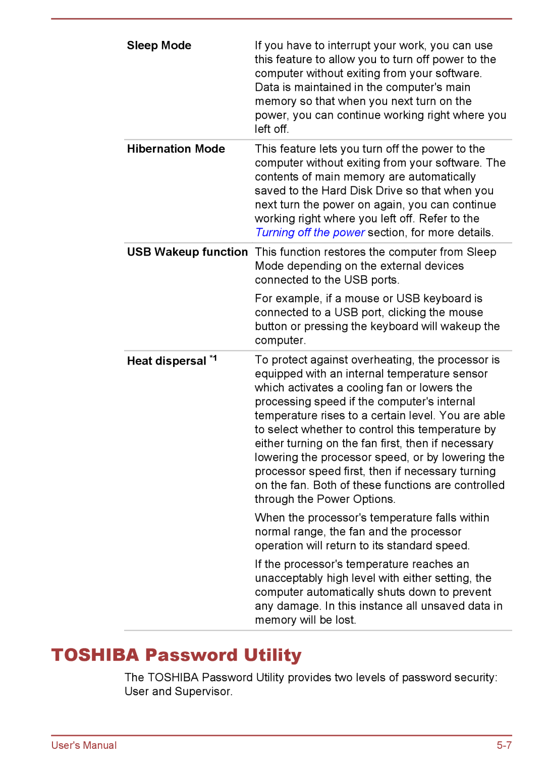 Toshiba C5D-B, C50-B, C50Dt-B, C50t-B user manual Toshiba Password Utility, Hibernation Mode, Heat dispersal *1 