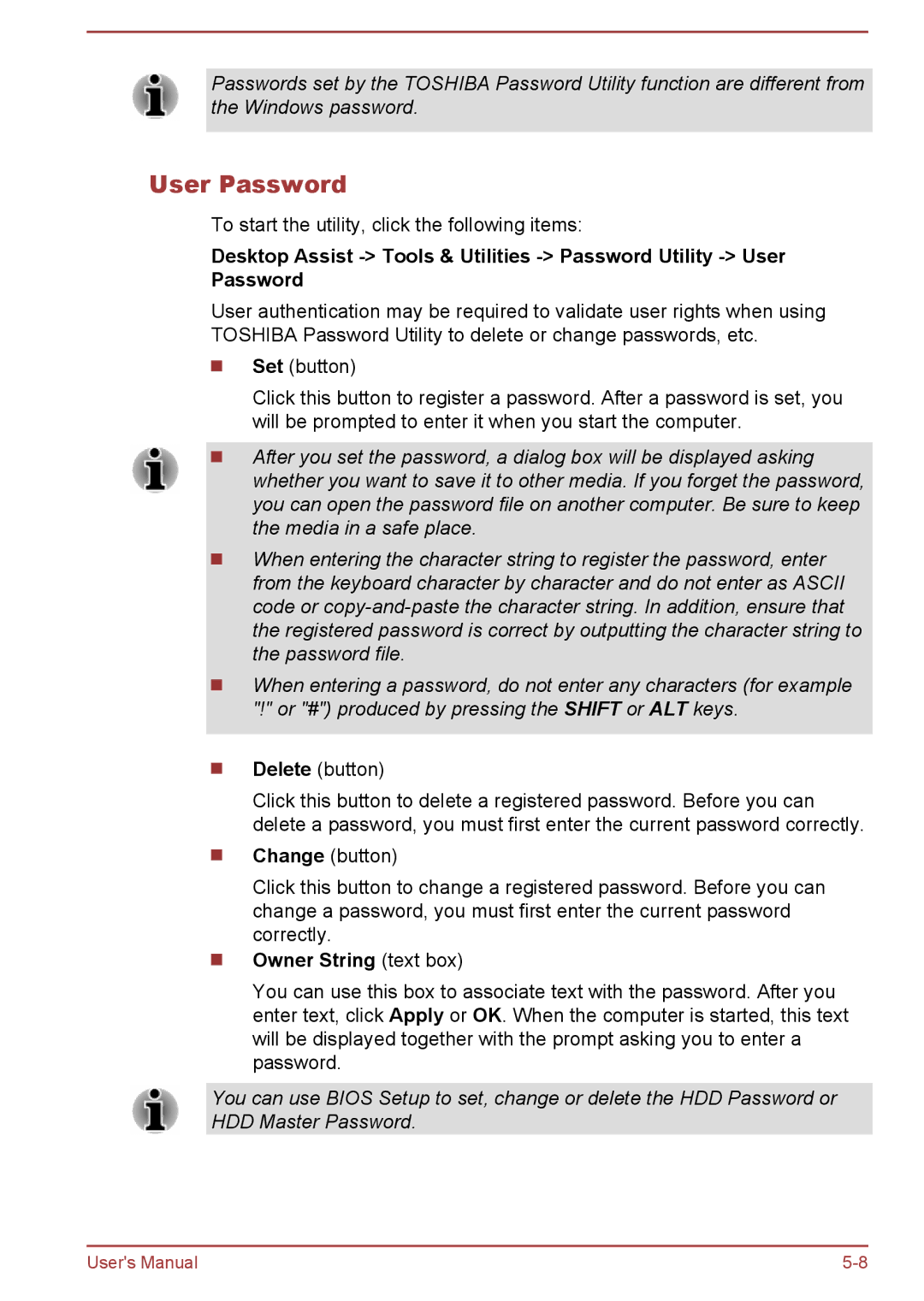 Toshiba C50-B, C5D-B, C50Dt-B, C50t-B user manual User Password, Owner String text box 