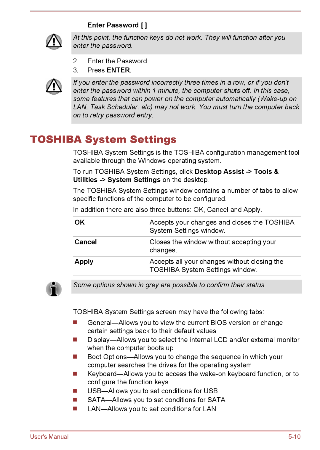 Toshiba C50t-B, C5D-B, C50-B, C50Dt-B user manual Toshiba System Settings, Enter Password, Cancel, Apply 