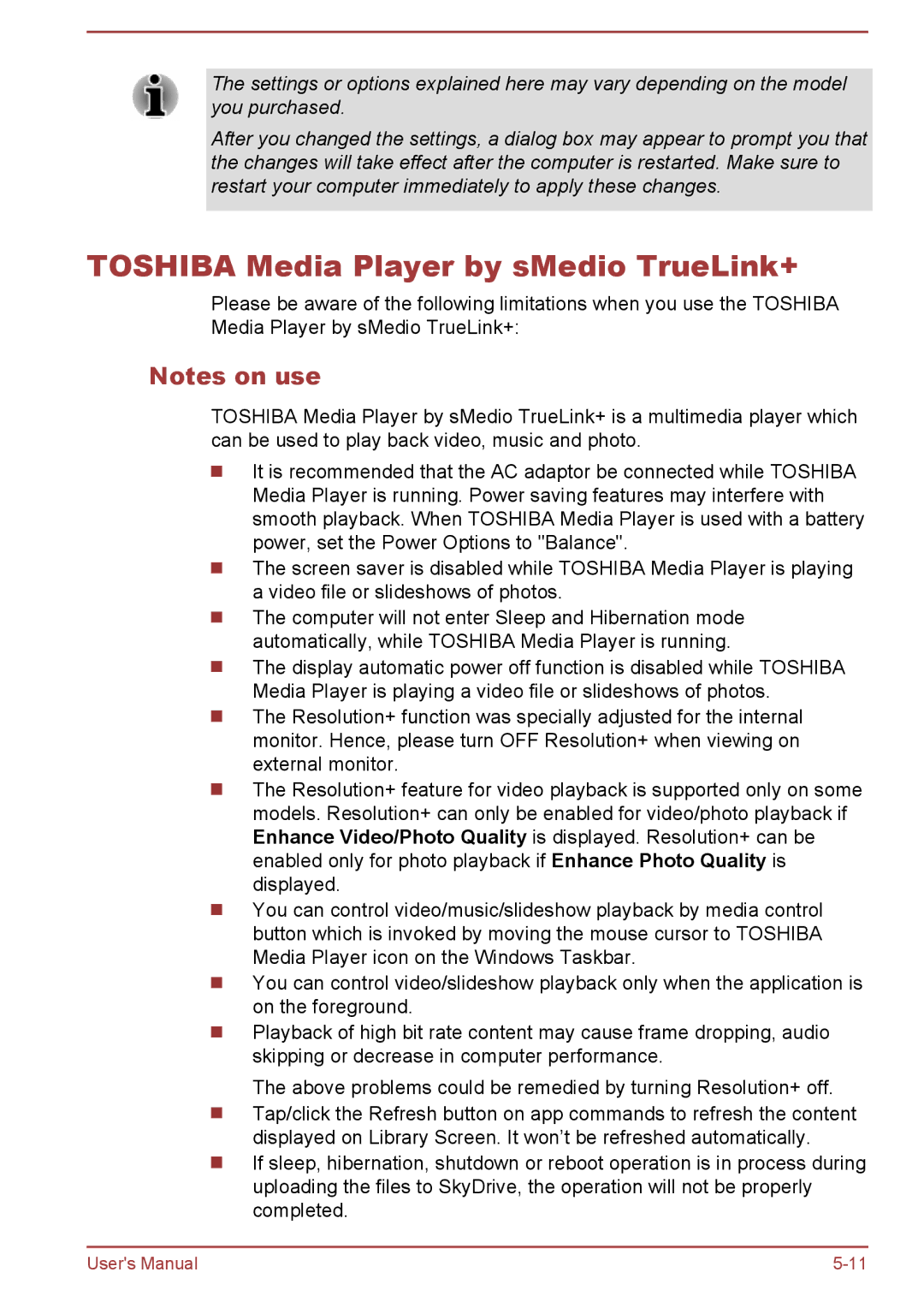 Toshiba C5D-B, C50-B, C50Dt-B, C50t-B user manual Toshiba Media Player by sMedio TrueLink+ 