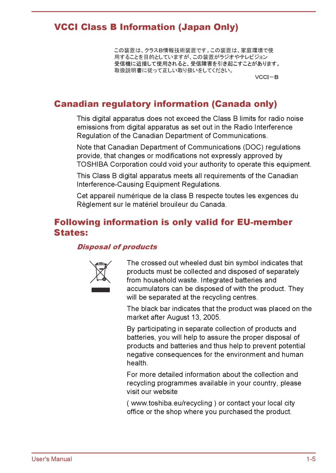 Toshiba C50-B Vcci Class B Information Japan Only, Canadian regulatory information Canada only, Disposal of products 