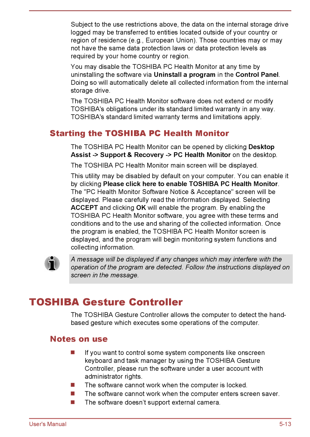 Toshiba C50Dt-B, C5D-B, C50-B, C50t-B user manual Toshiba Gesture Controller, Starting the Toshiba PC Health Monitor 