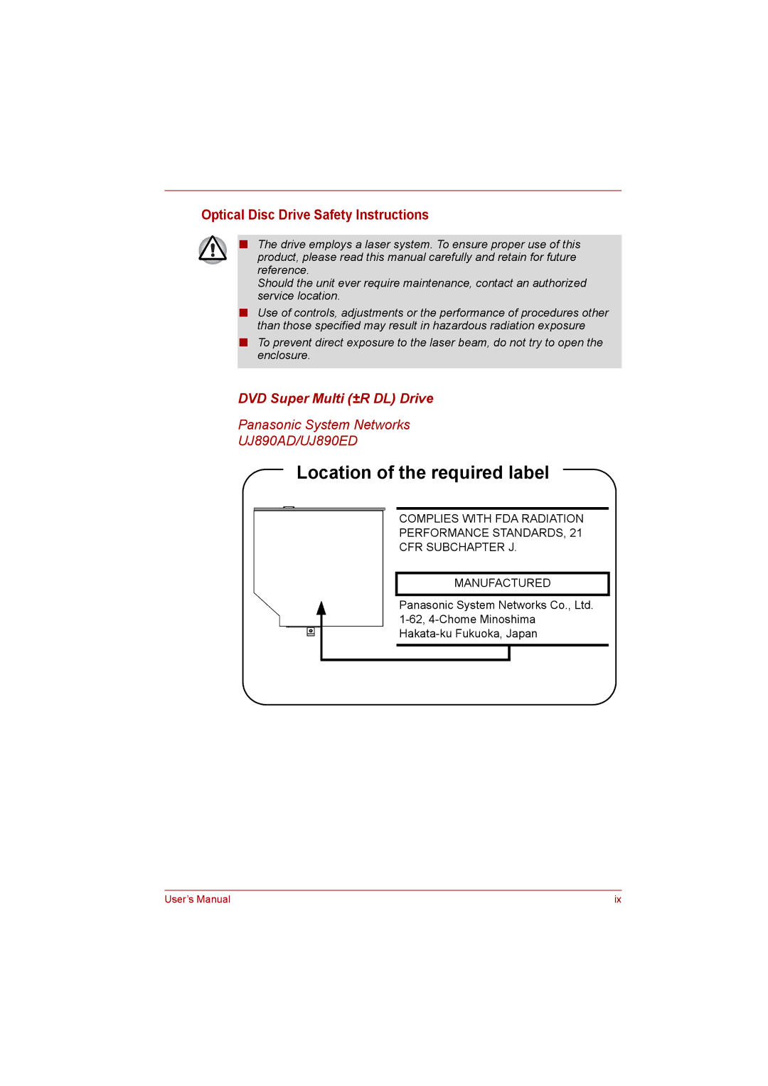 Toshiba C650D user manual Location of the required label, Optical Disc Drive Safety Instructions 