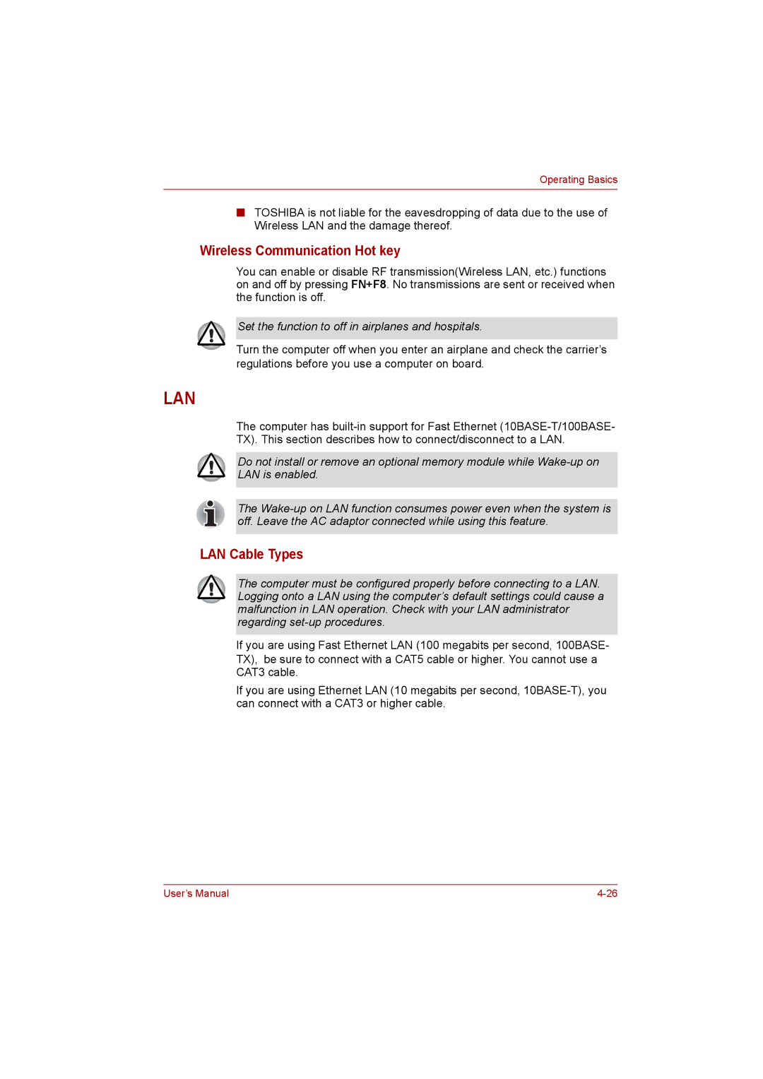 Toshiba C650D user manual Wireless Communication Hot key, LAN Cable Types 