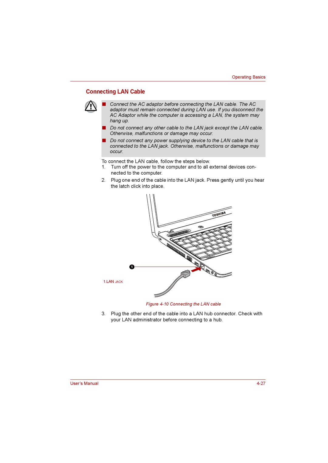 Toshiba C650D user manual Connecting LAN Cable, Connecting the LAN cable 