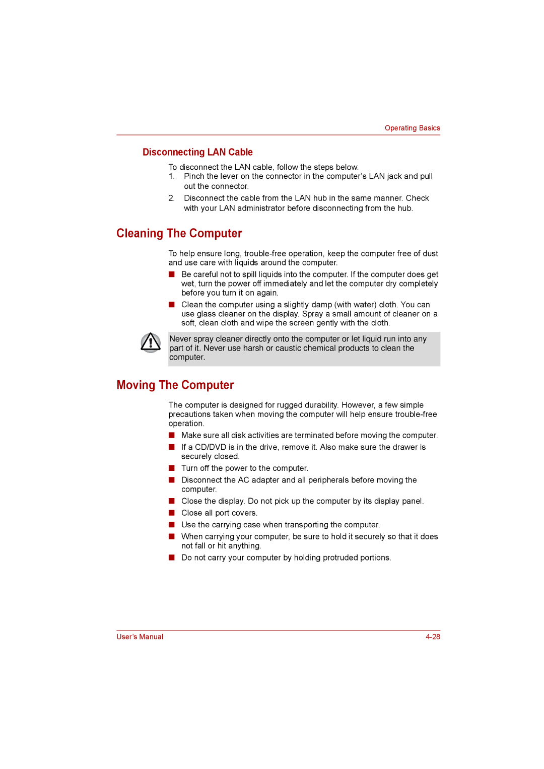 Toshiba C650D user manual Cleaning The Computer, Moving The Computer, Disconnecting LAN Cable 