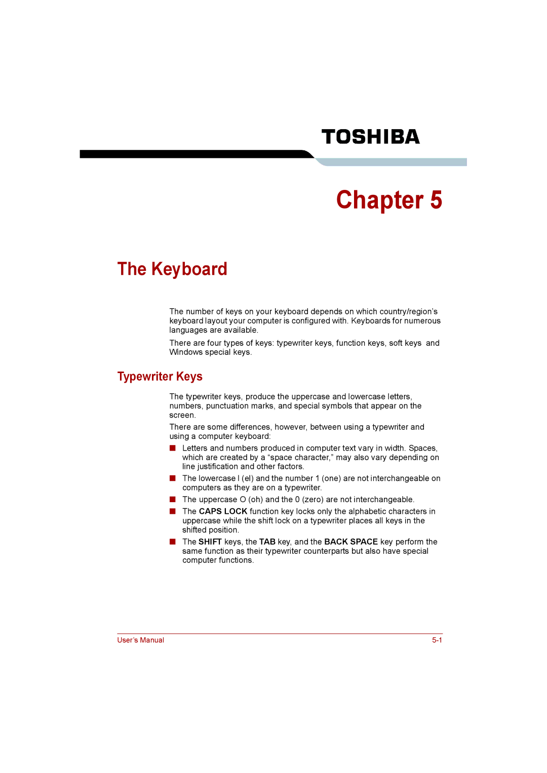 Toshiba C650D user manual Keyboard, Typewriter Keys 