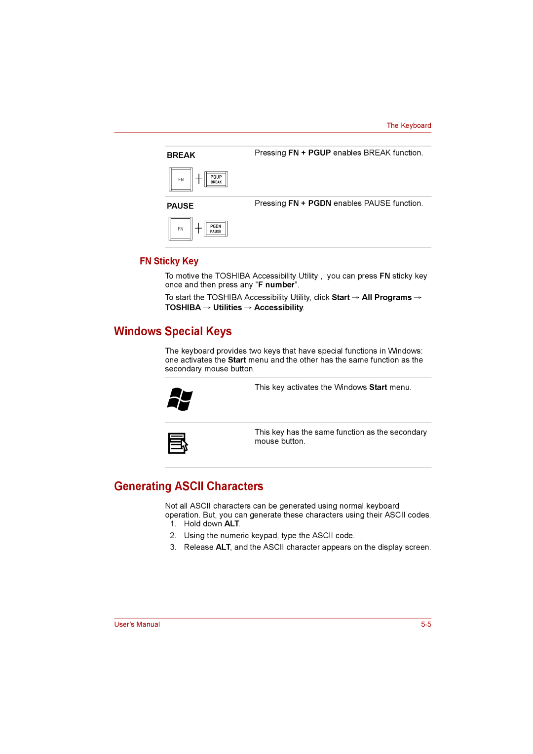 Toshiba C650D Windows Special Keys, Generating Ascii Characters, FN Sticky Key, Pressing FN + Pgup enables Break function 