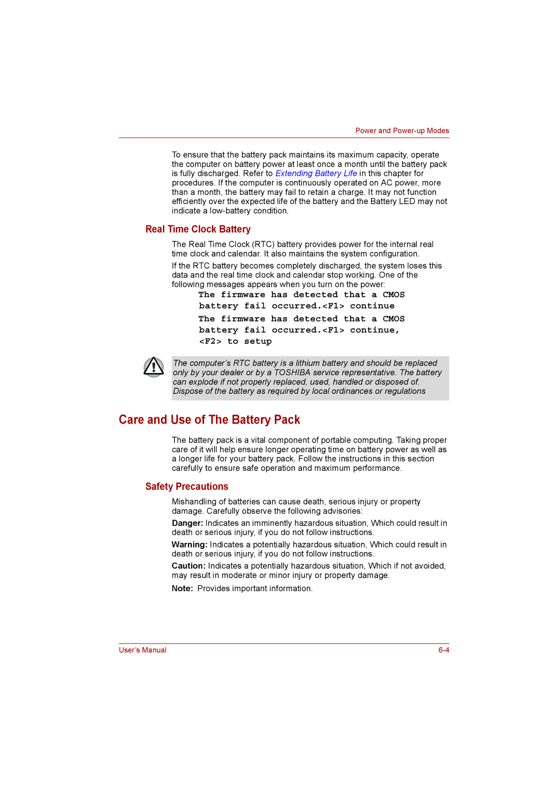 Toshiba C650D user manual Care and Use of The Battery Pack, Real Time Clock Battery, Safety Precautions 