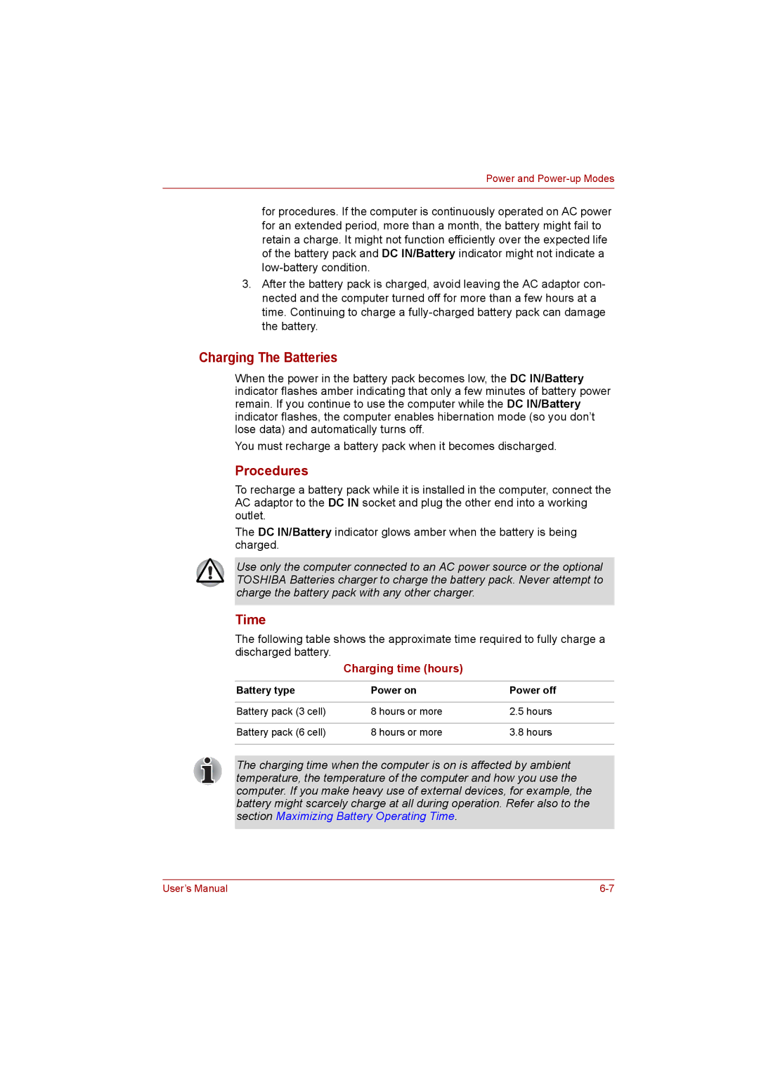 Toshiba C650D user manual Charging The Batteries, Procedures, Time 