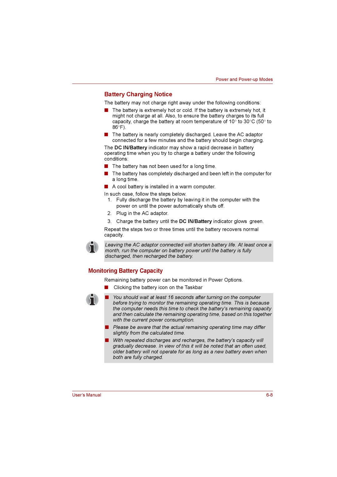 Toshiba C650D user manual Monitoring Battery Capacity, Battery Charging Notice 