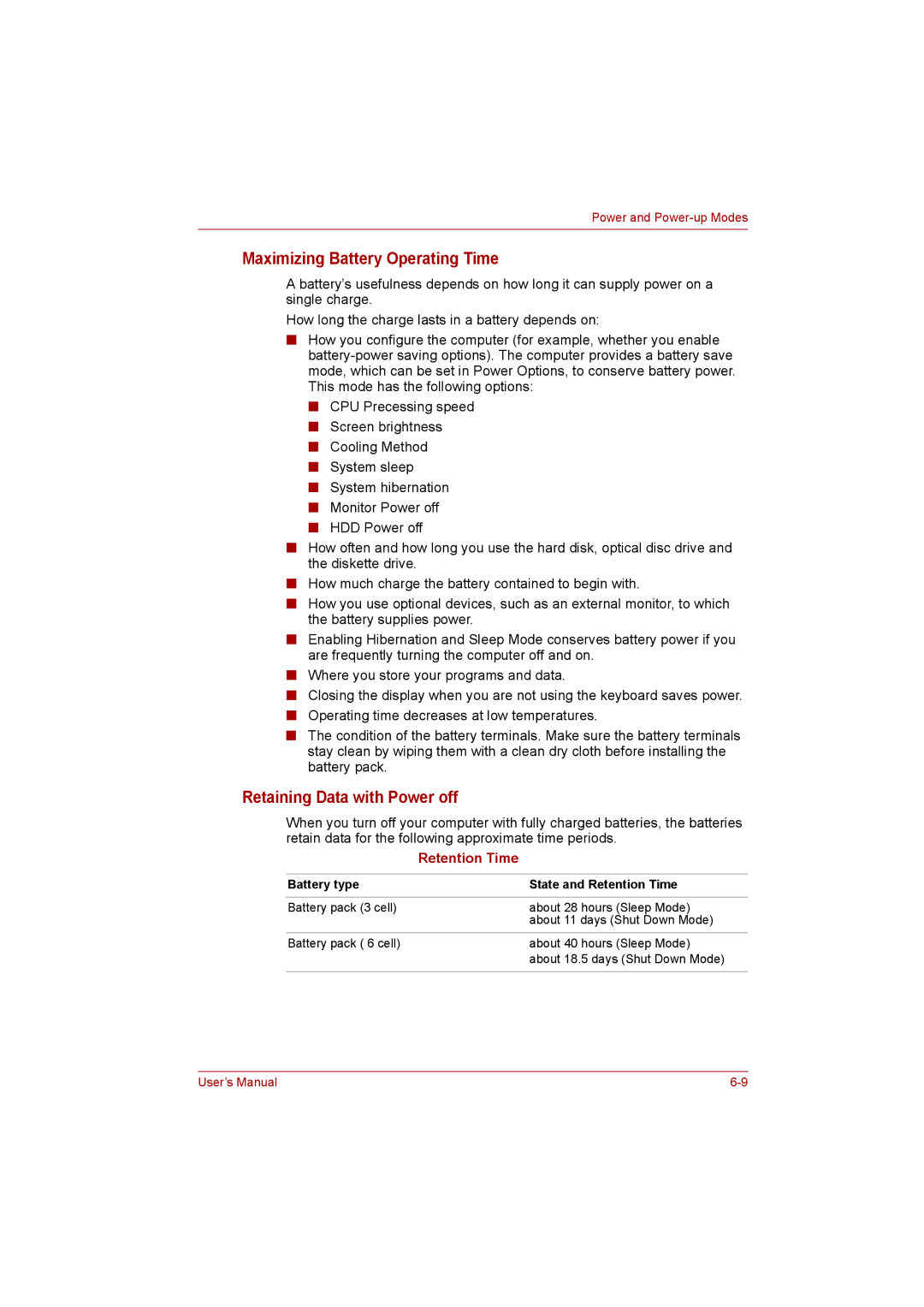 Toshiba C650D user manual Maximizing Battery Operating Time, Retaining Data with Power off 