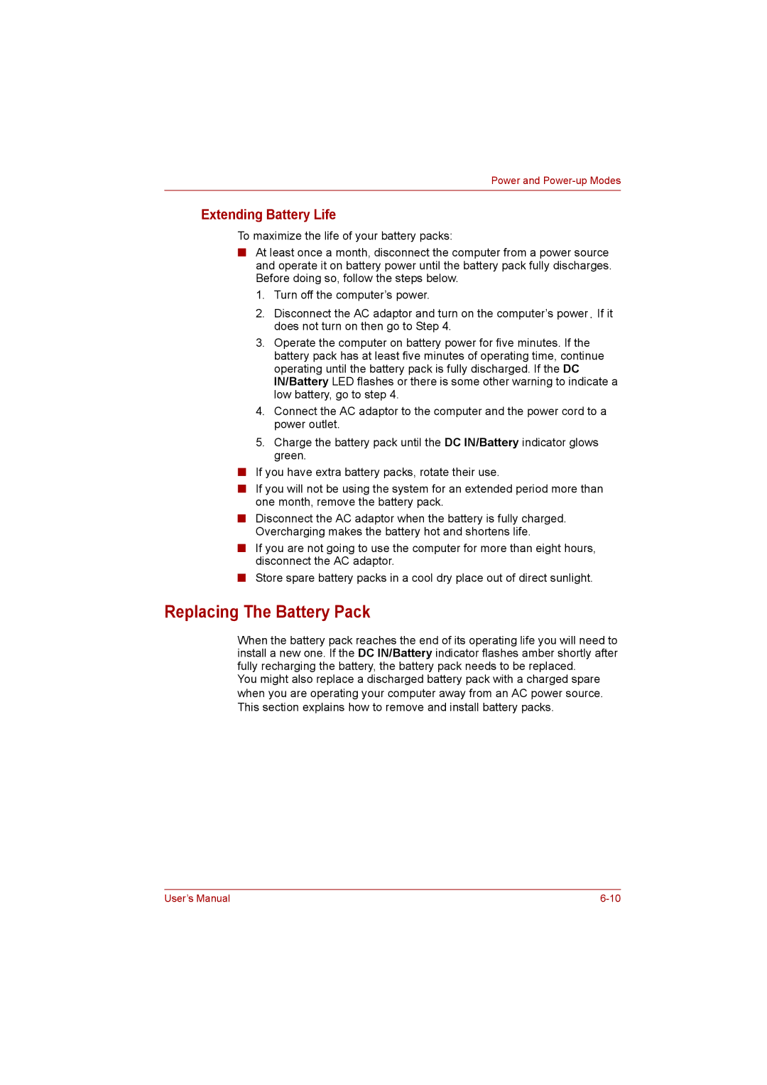 Toshiba C650D user manual Replacing The Battery Pack, Extending Battery Life 