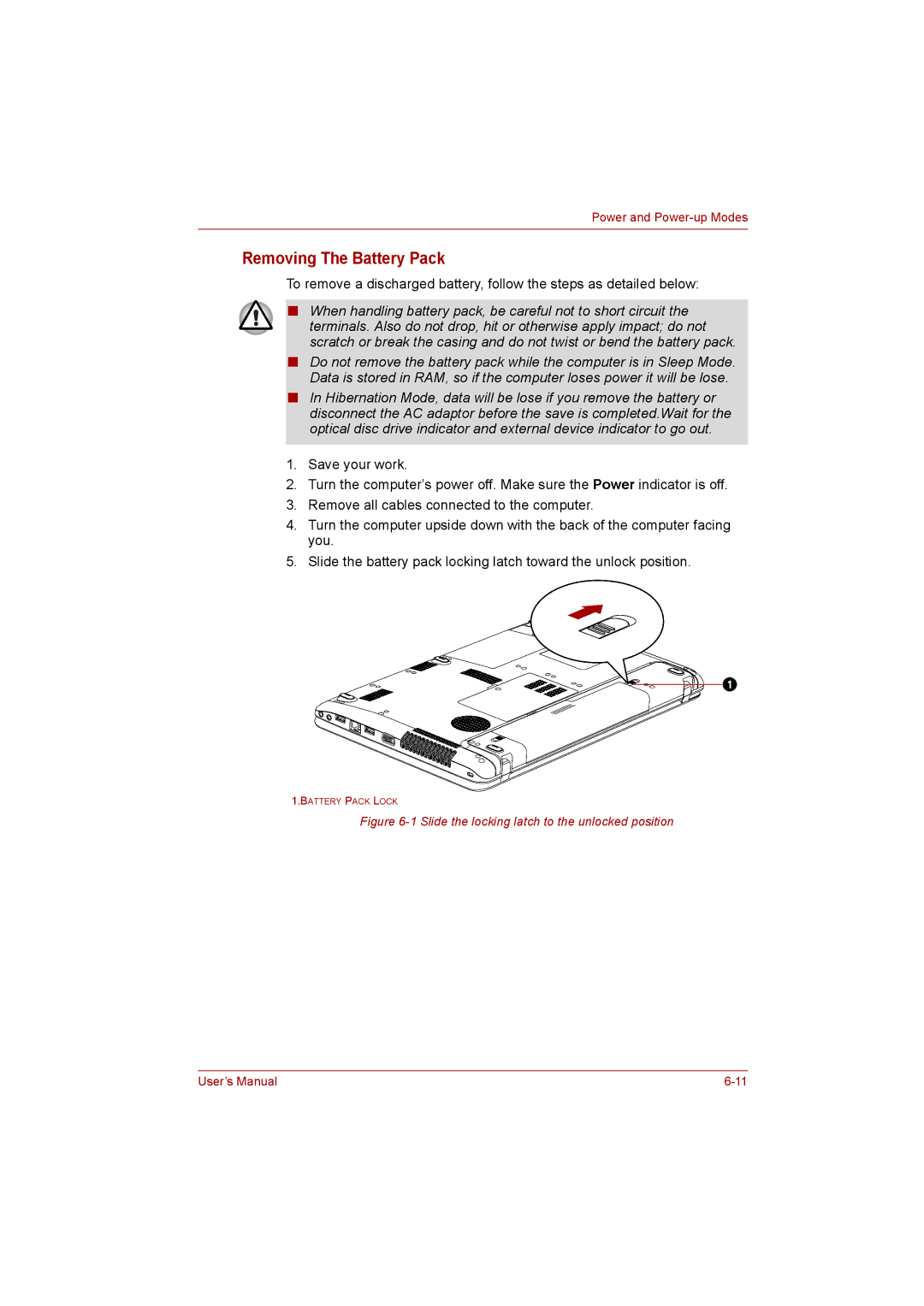 Toshiba C650D user manual Removing The Battery Pack, Slide the locking latch to the unlocked position 