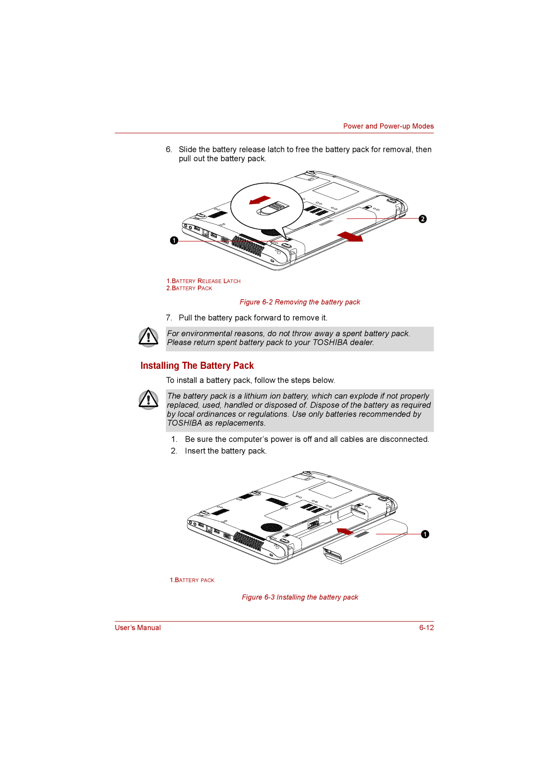 Toshiba C650D user manual Installing The Battery Pack, Removing the battery pack 