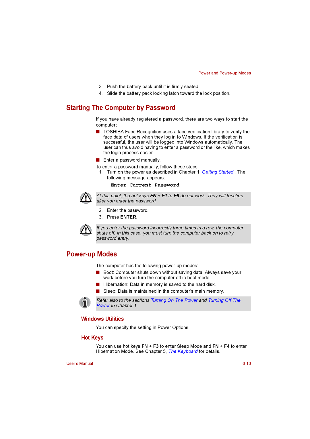 Toshiba C650D user manual Starting The Computer by Password, Power-up Modes, Windows Utilities 