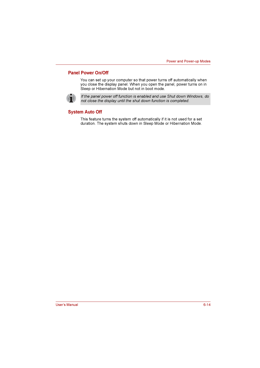 Toshiba C650D user manual Panel Power On/Off, System Auto Off 