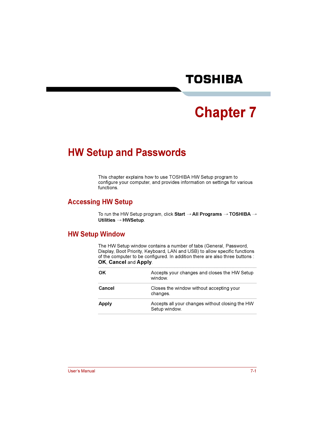 Toshiba C650D user manual HW Setup and Passwords, Accessing HW Setup, HW Setup Window 