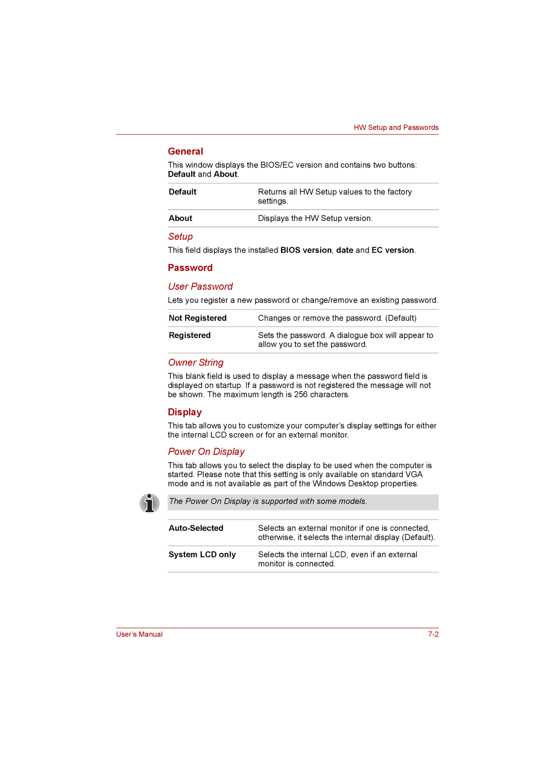 Toshiba C650D user manual General, Password, Display 