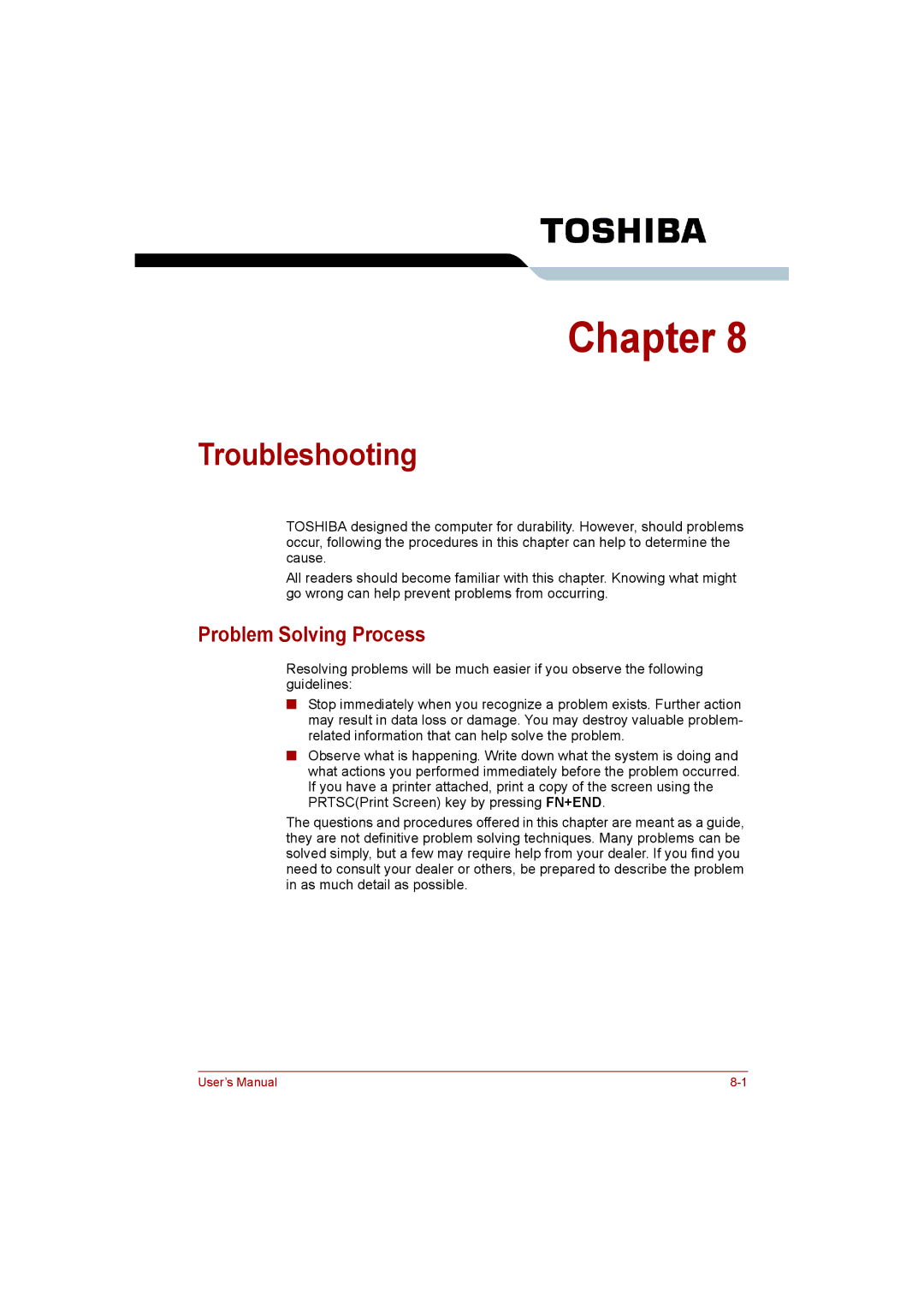 Toshiba C650D user manual Troubleshooting, Problem Solving Process 