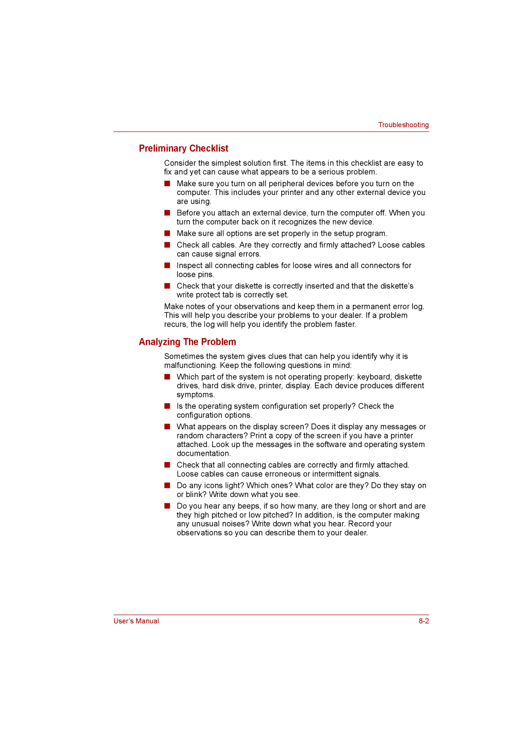 Toshiba C650D user manual Preliminary Checklist, Analyzing The Problem 