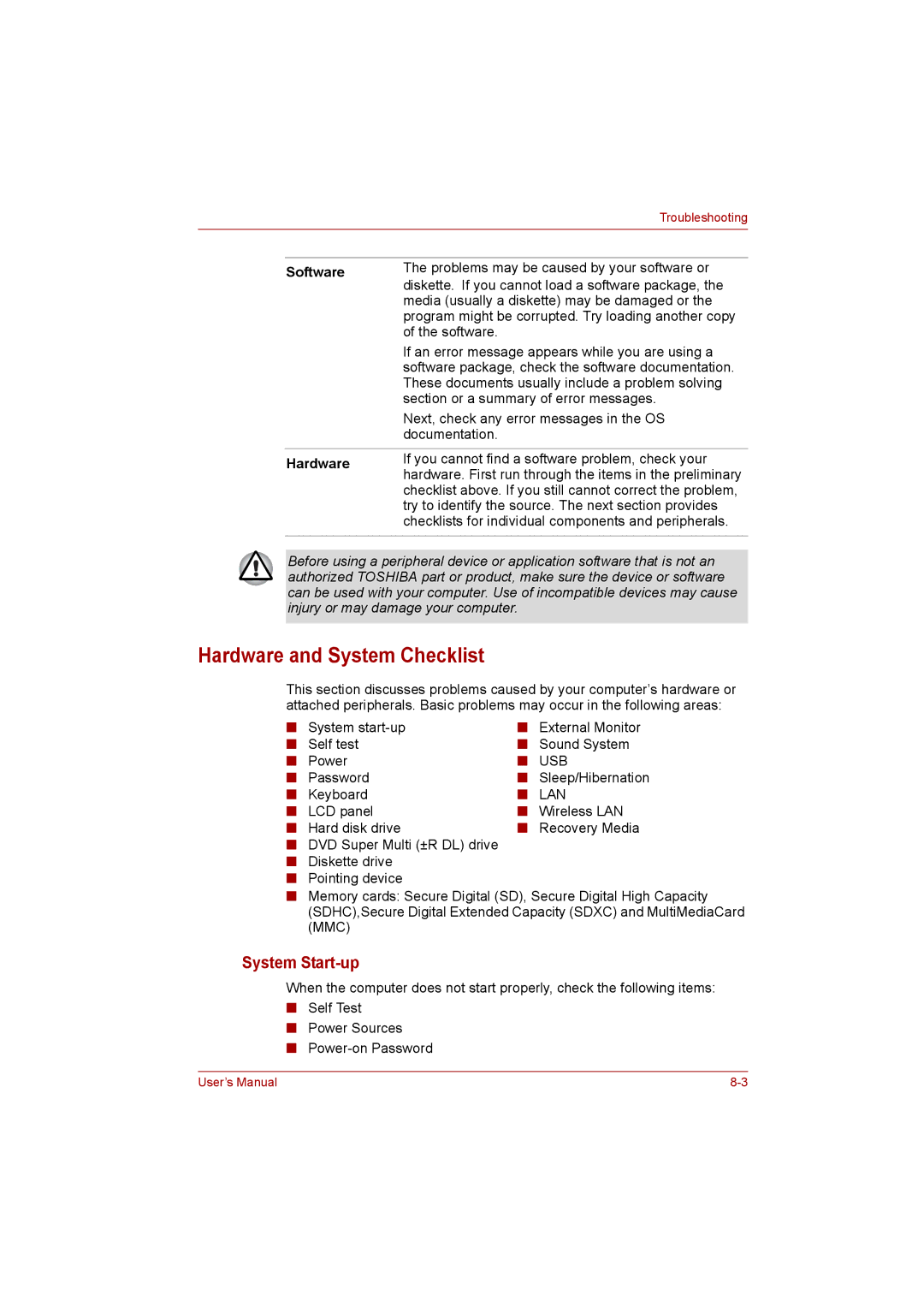 Toshiba C650D user manual Hardware and System Checklist, System Start-up, Software 