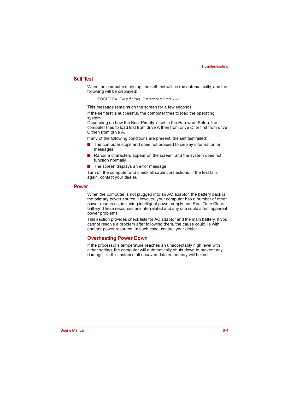 Toshiba C650D user manual Self Test, Overheating Power Down 