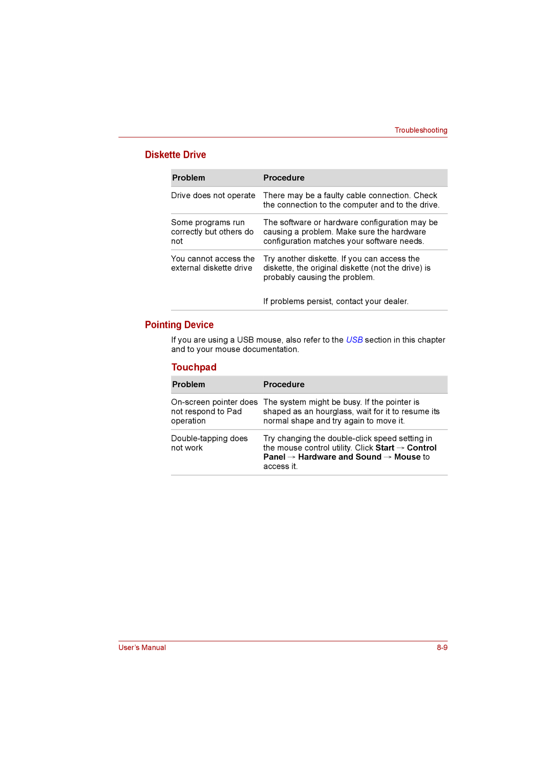 Toshiba C650D user manual Diskette Drive, Touchpad, Panel → Hardware and Sound → Mouse to 