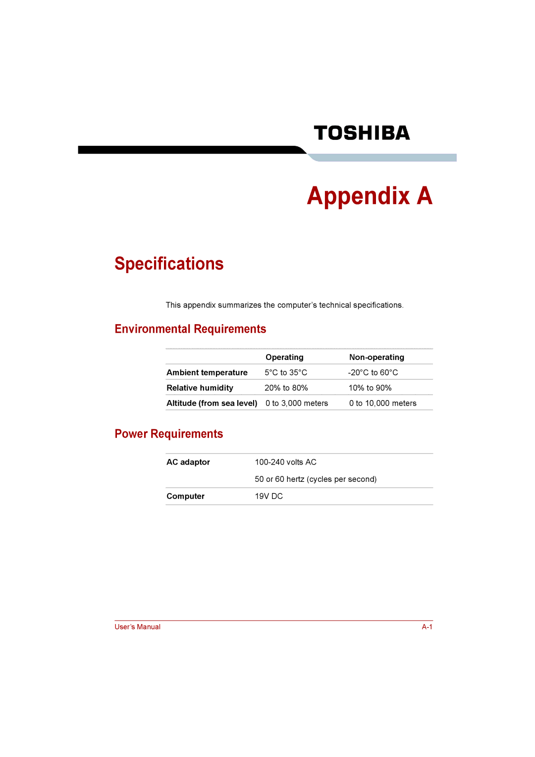 Toshiba C650D user manual Specifications, Environmental Requirements, Power Requirements 