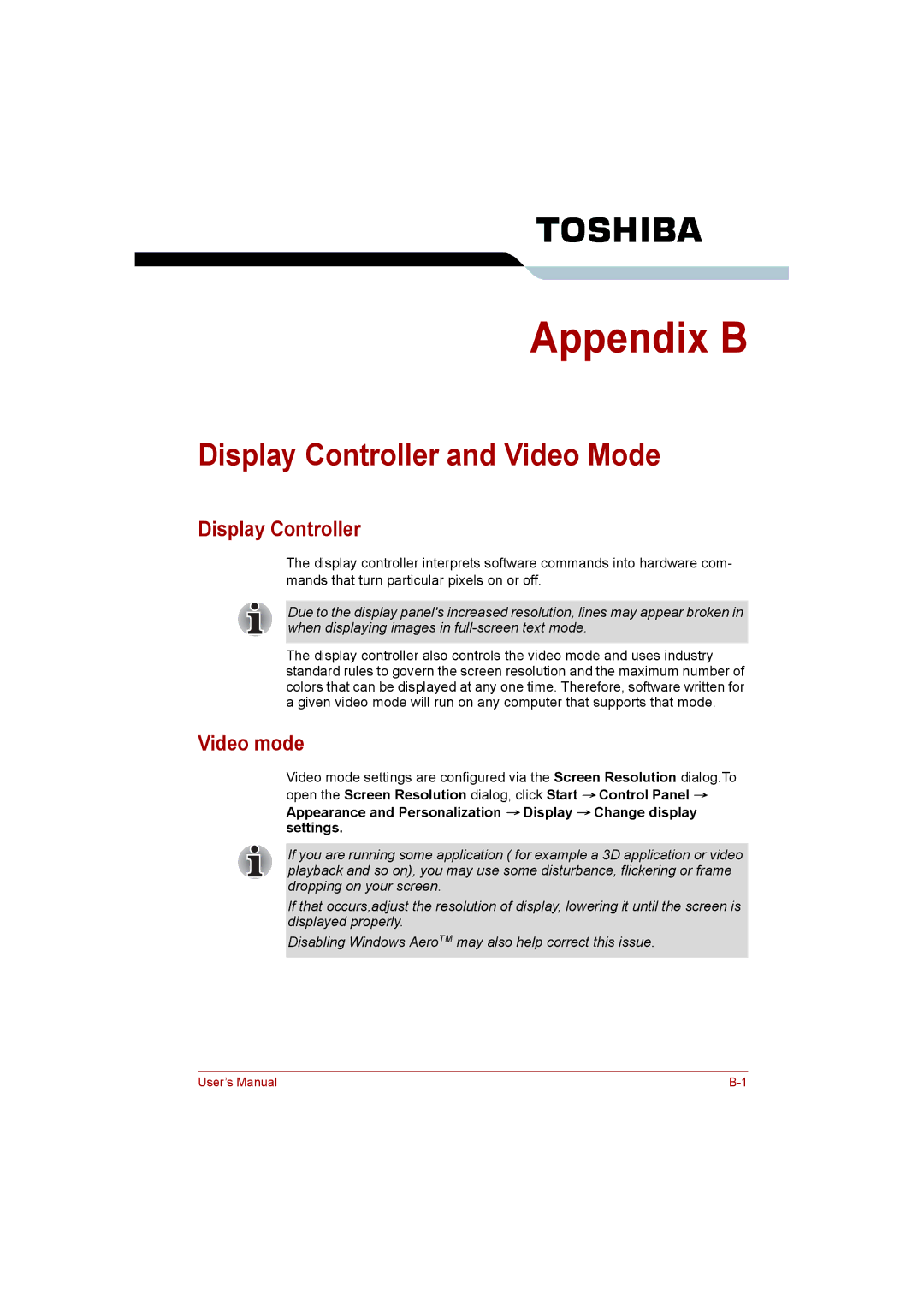 Toshiba C650D user manual Display Controller and Video Mode, Video mode 