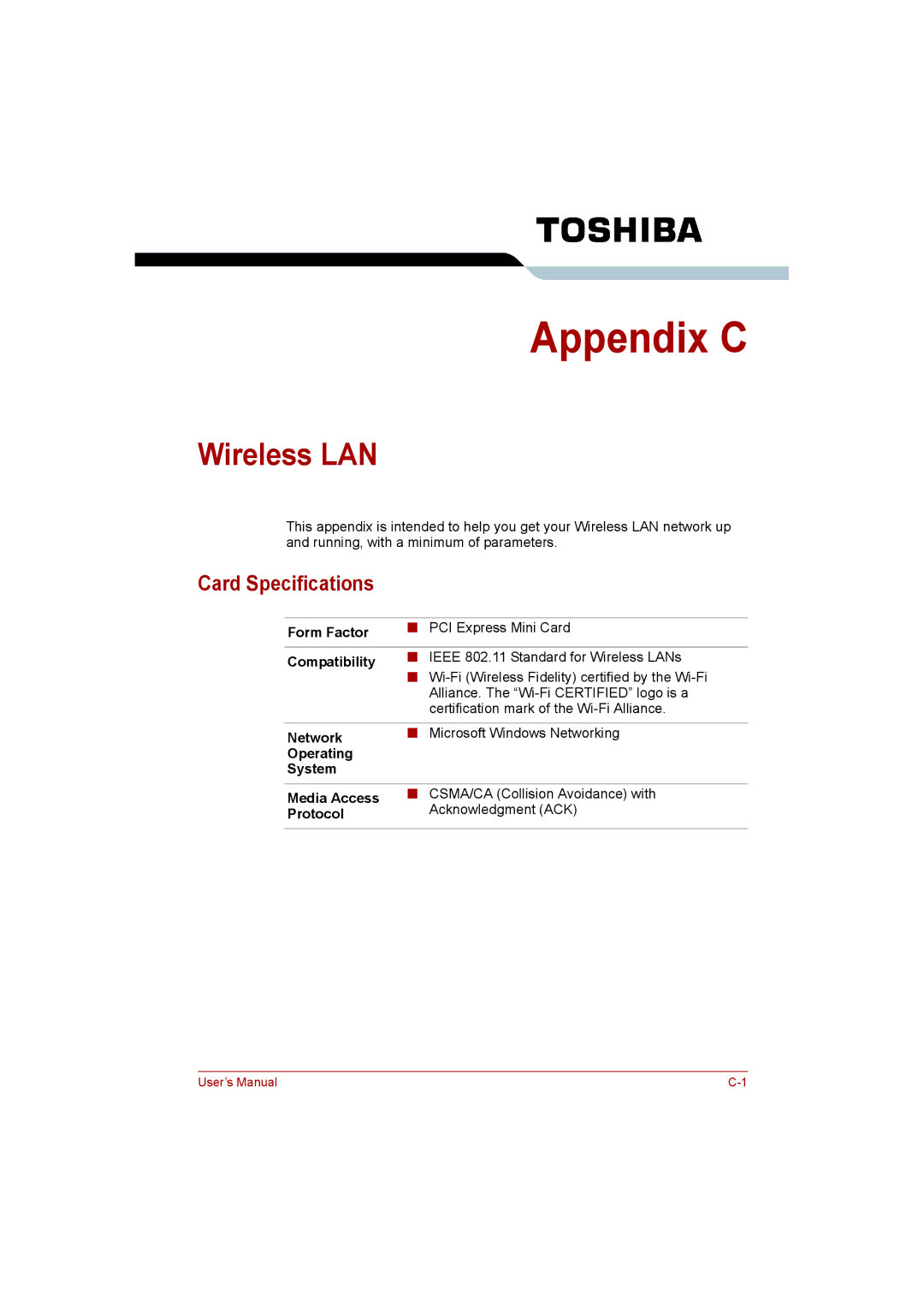 Toshiba C650D user manual Wireless LAN, Card Specifications 