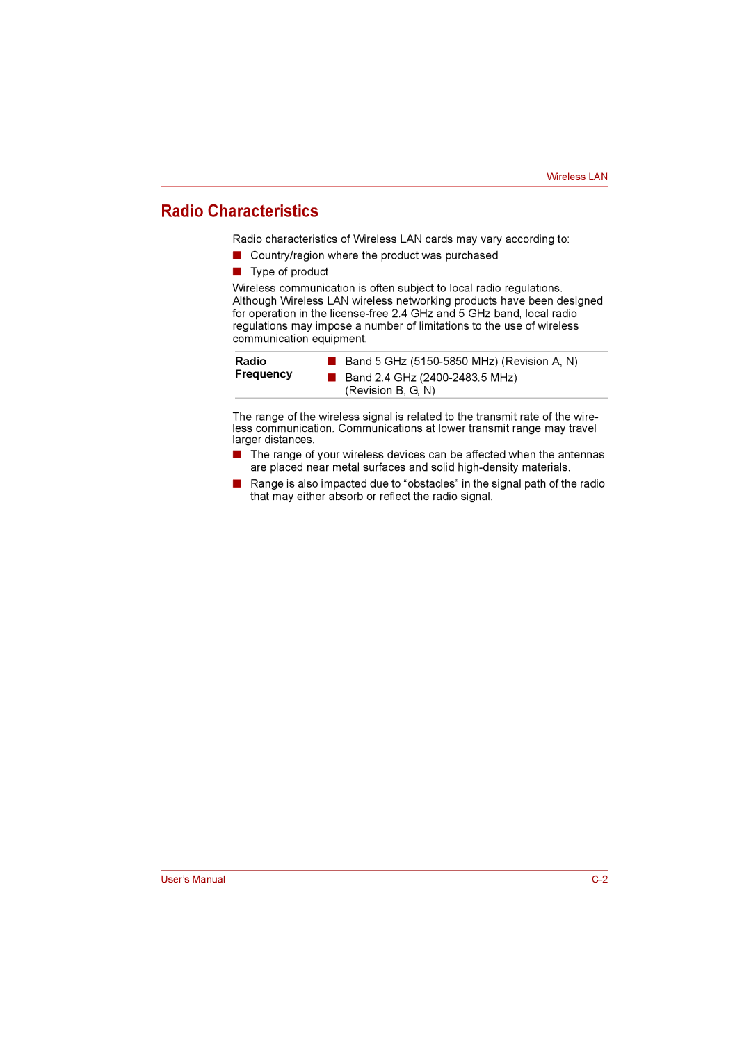 Toshiba C650D user manual Radio Characteristics, Frequency 