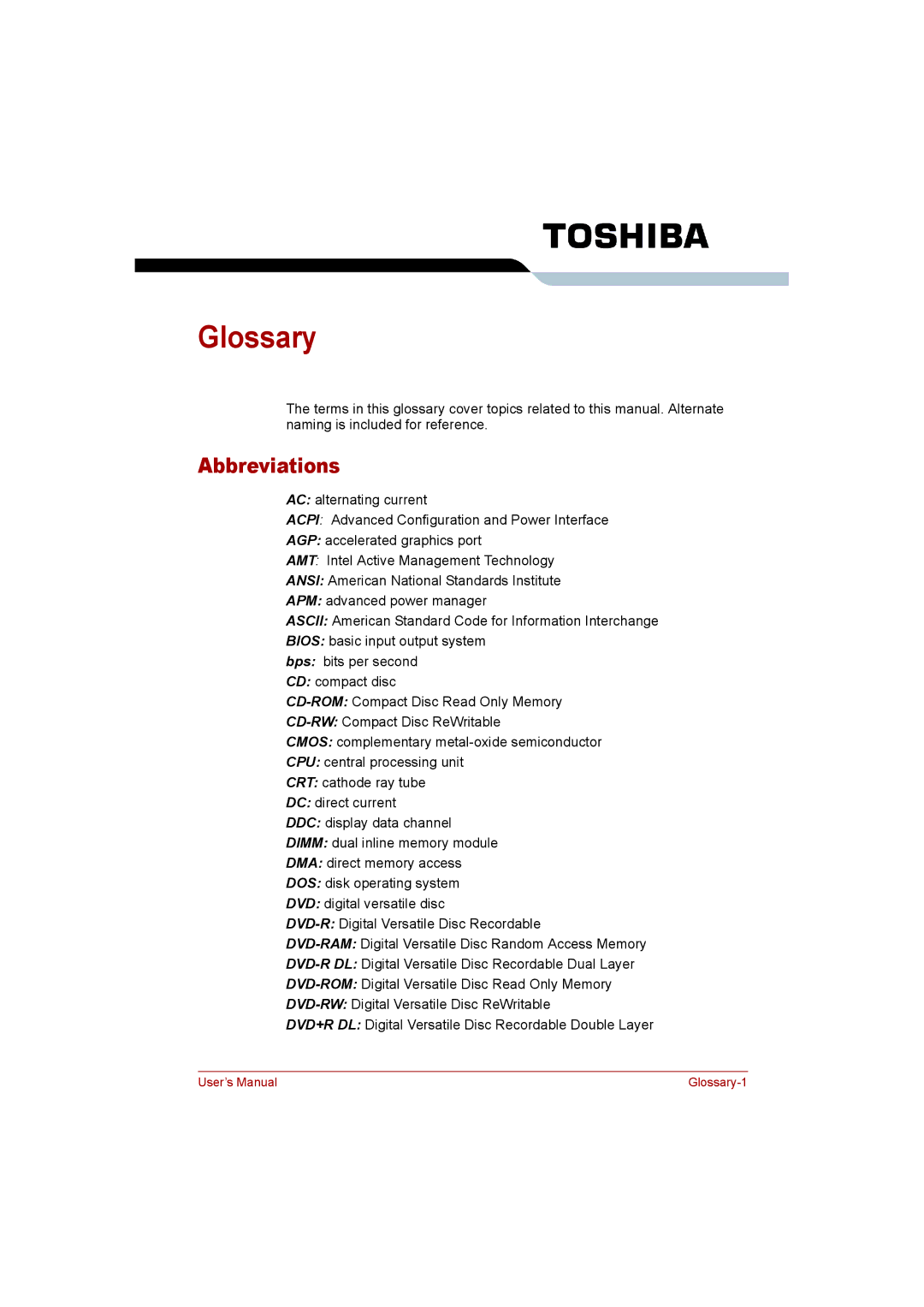 Toshiba C650D user manual Glossary, Abbreviations 