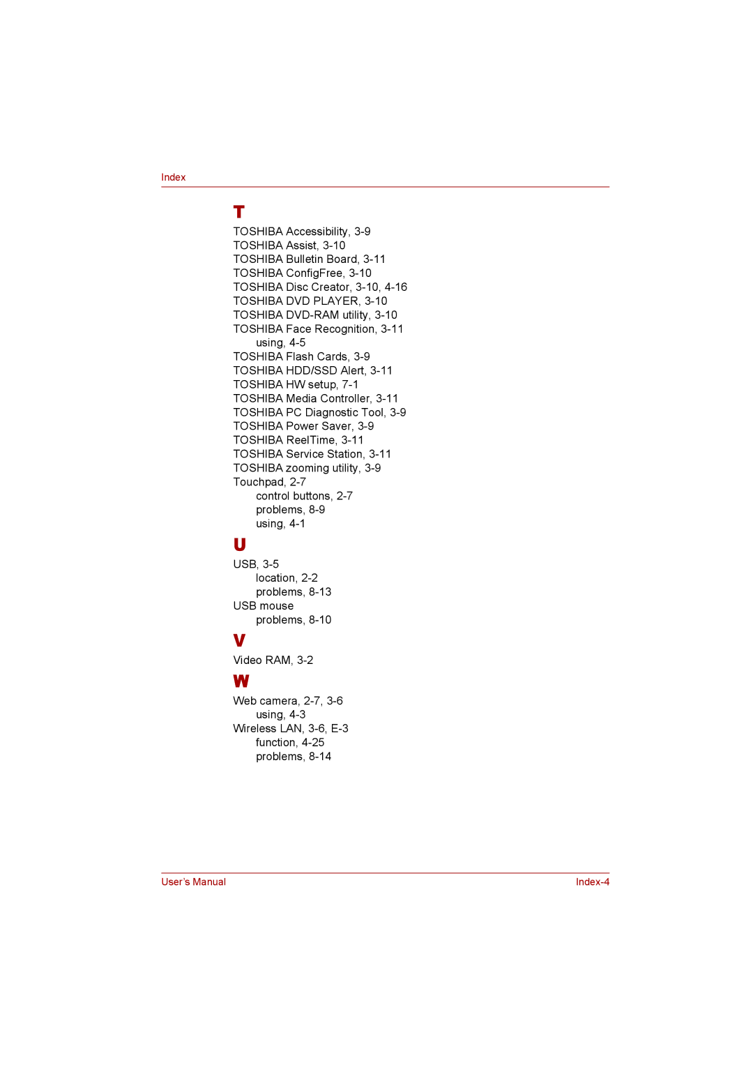 Toshiba C650D user manual User’s Manual Index-4 