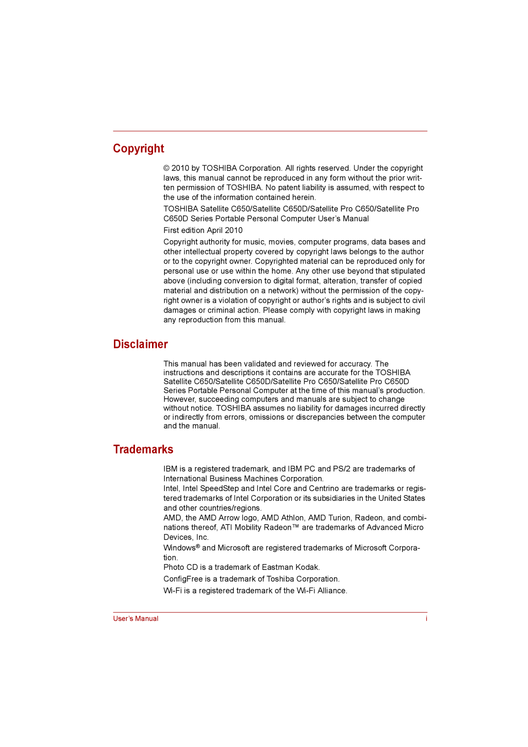 Toshiba C650D user manual Copyright, Disclaimer, Trademarks 