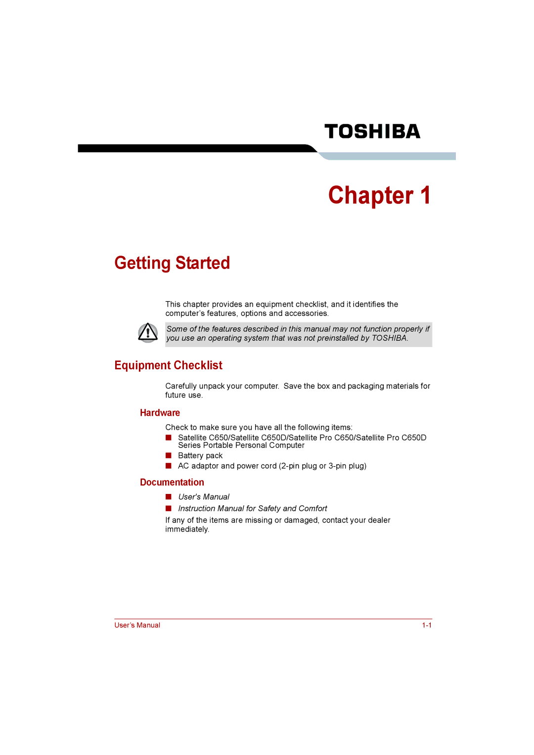 Toshiba C650D user manual Getting Started, Equipment Checklist, Hardware, Documentation 