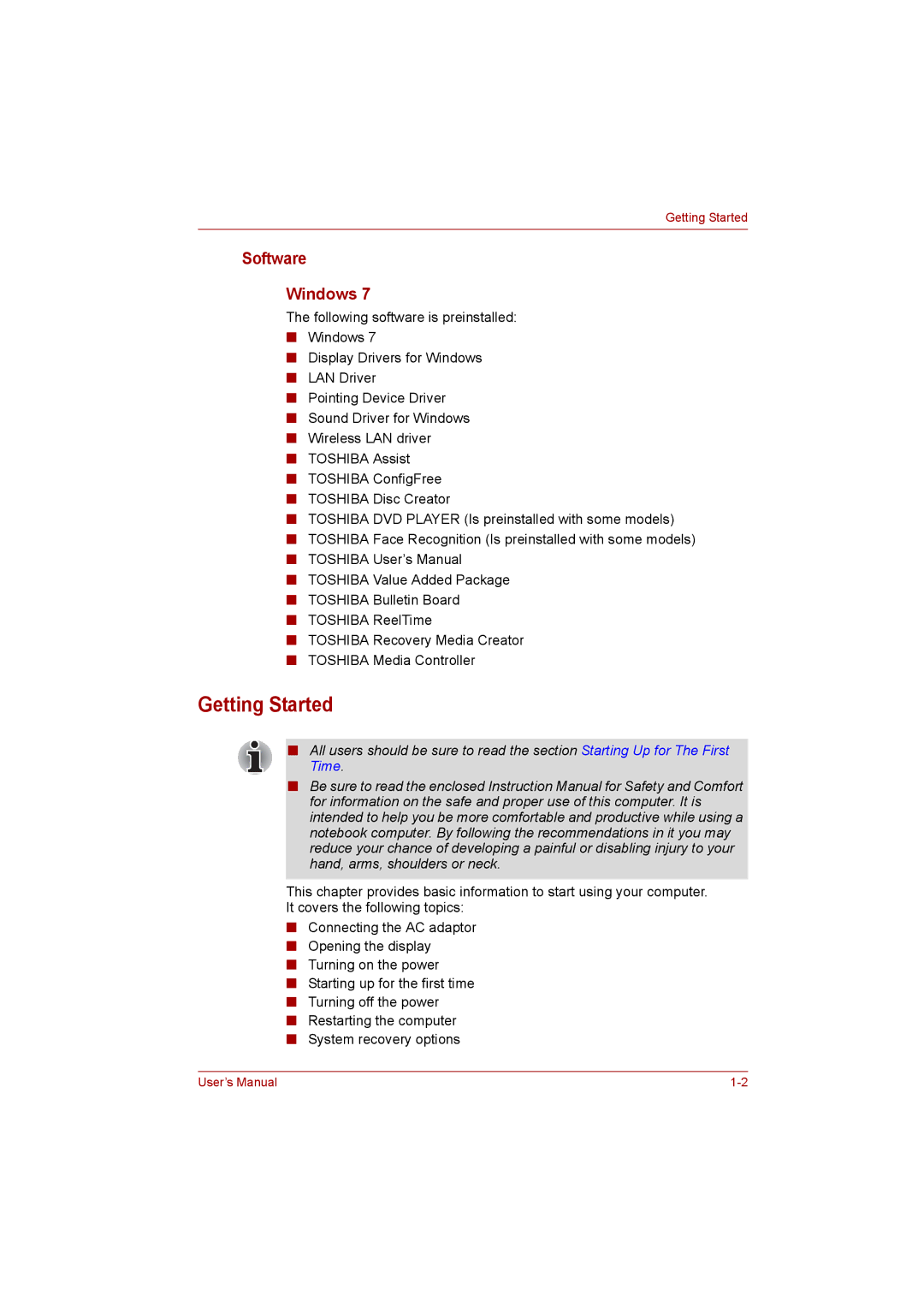 Toshiba C650D user manual Getting Started, Software, Windows 