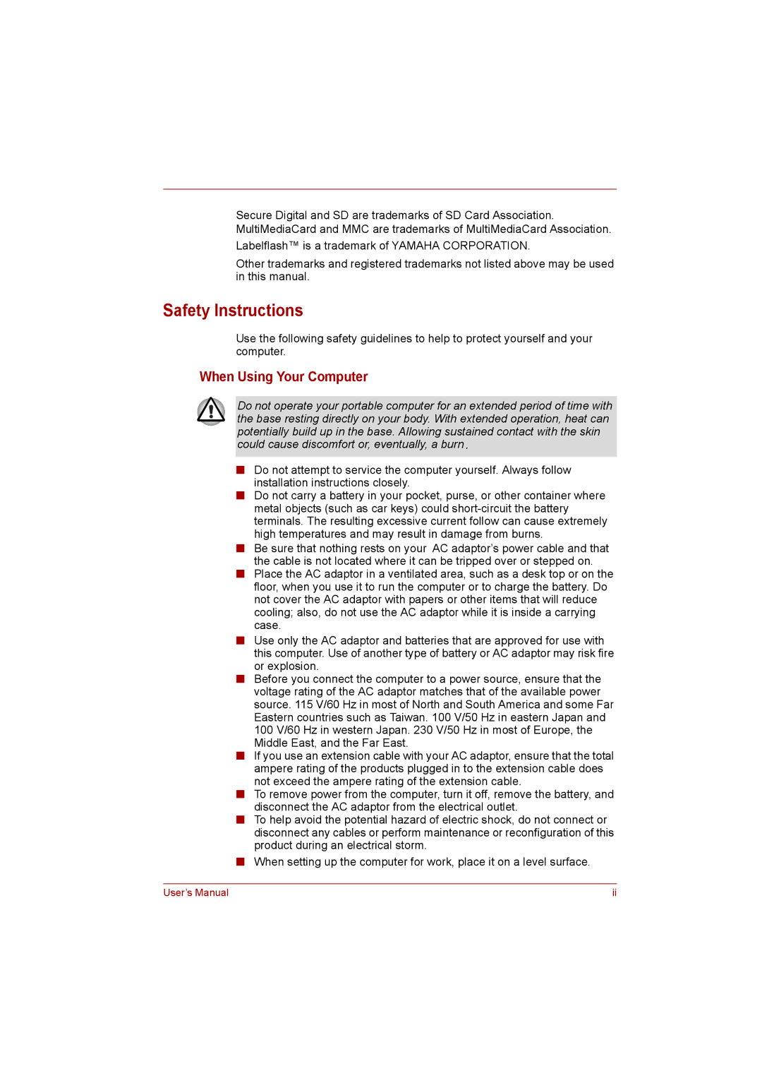 Toshiba C650D user manual Safety Instructions, When Using Your Computer 