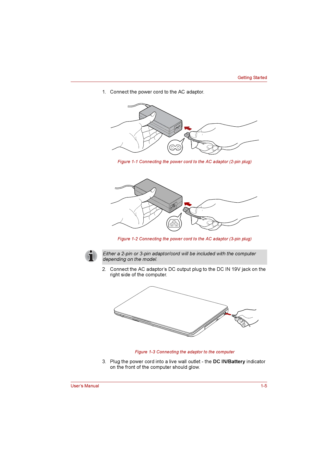 Toshiba C650D user manual Connect the power cord to the AC adaptor 