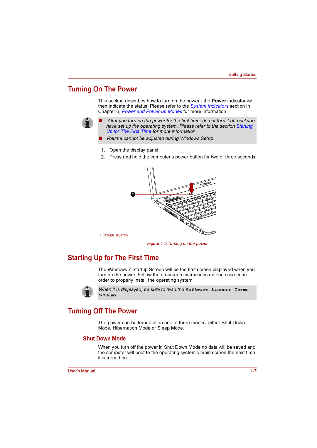 Toshiba C650D user manual Turning On The Power, Starting Up for The First Time, Turning Off The Power, Shut Down Mode 