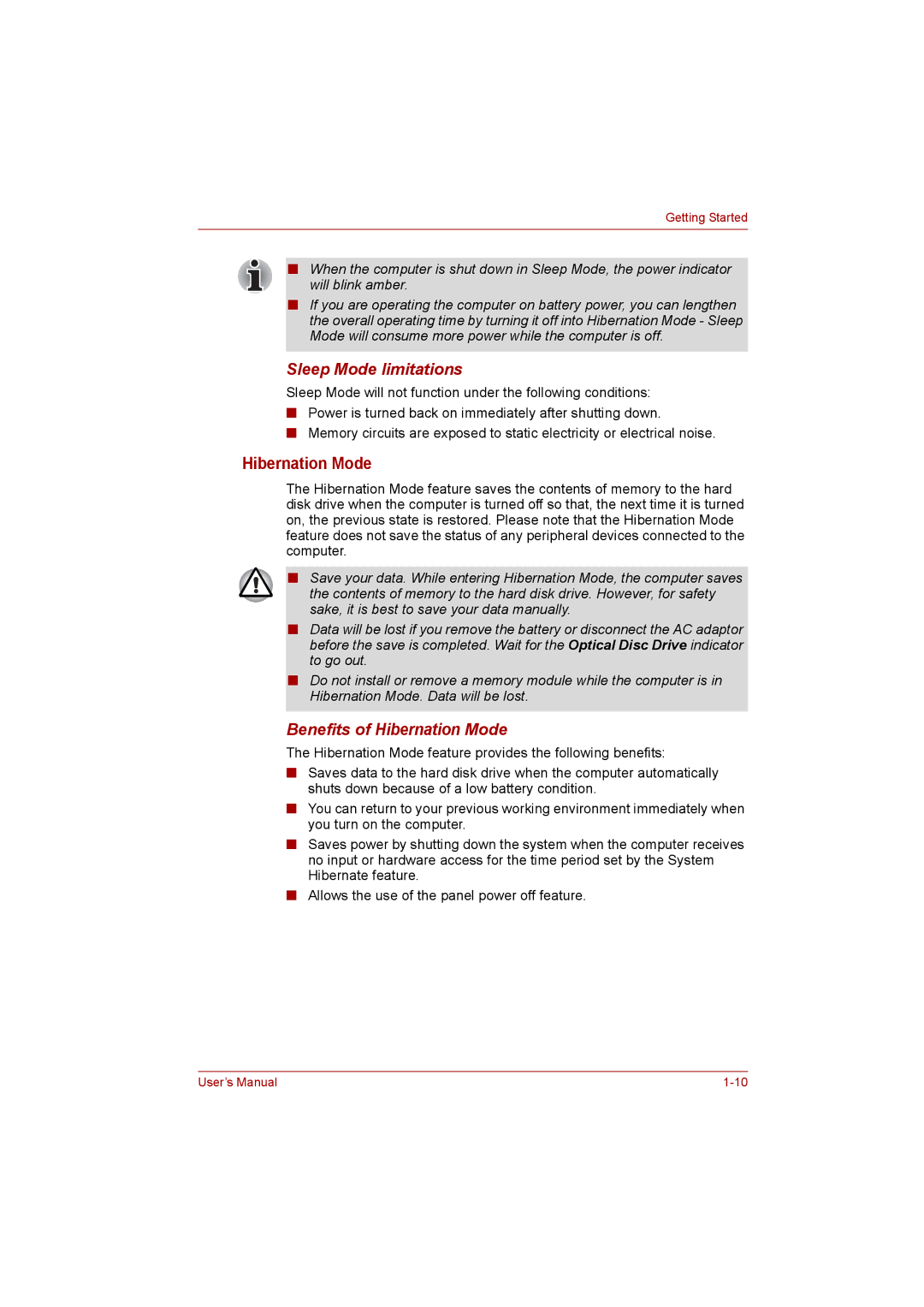 Toshiba C650D user manual Hibernation Mode, Sleep Mode limitations 